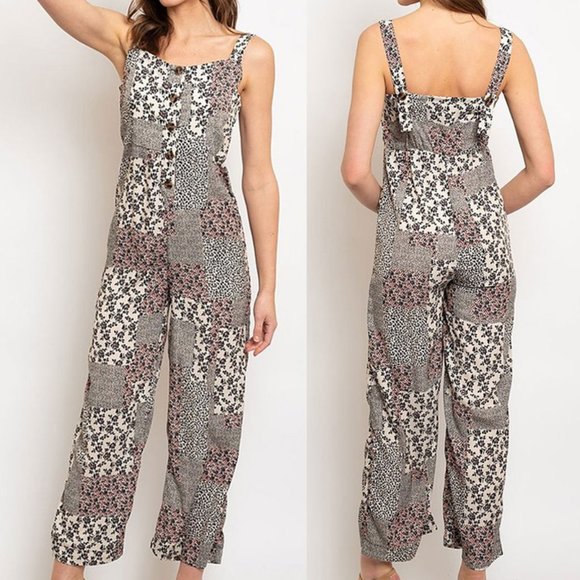 NEW Mix Floral Patch Print Button Front Jumpsuits - Picture 2 of 10